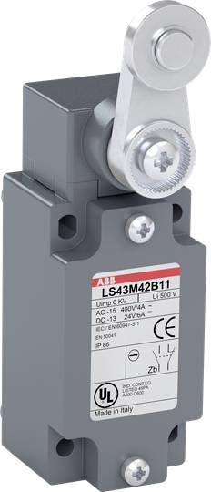 Gehäuse eines grauen Endschalters mit silbernem Hebelarm, gekennzeichnet mit UL- und CE-Zeichen und technische Spezifikationen auf dem Etikett.