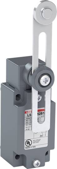 Ein grauer Endschalter mit Hebelarm, von ABB, wird angezeigt. Der Hebelarm ist lang und endseitig mit einer Rolle versehen.