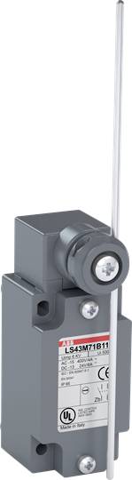 Grau-weißer Endschalter mit Metallstange, Herstelleretikett sichtbar, zur Steuerung in Automatisierungssystemen geeignet.