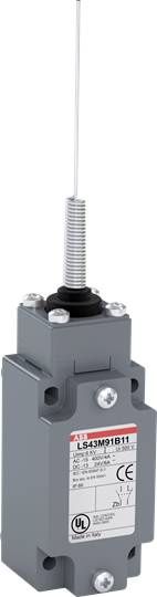 Ein grauer Endschalter mit Federarm, geeignet für industrielle Anwendungen, zeigt technische Details und Zertifizierungszeichen auf der Vorderseite.