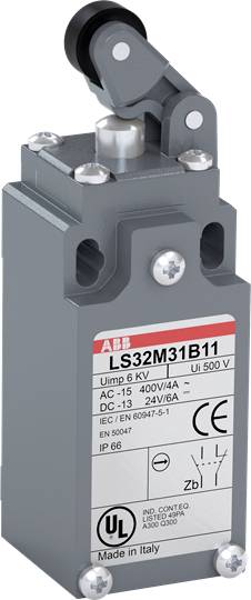 Industrieschalter mit Hebel, grau, Marke ABB. Beschriftung zeigt elektrische Spezifikationen: Uimp 6 KV, AC-15, DC-13, IEC/EN, IP66.