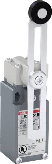 Metallschalter mit Hebelarm, grau-weiß, mit Markierungen UL und Made in Italy. Hebel enthält schwarzen runden Stopper.