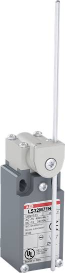 Ein Limit-Schalter mit langer Metallstange, hergestellt von ABB. Modellnummer LS32M7. Gehäuse in grauen und silbernen Tönen.