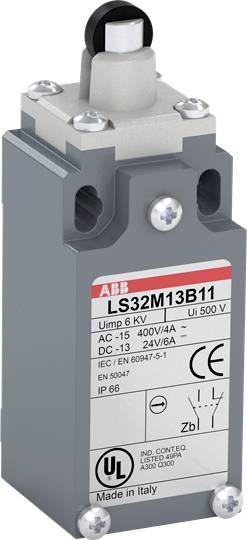 'ABB LS32M13B11' Endschalter mit Schraubanschlüssen, grau, EN 50047 Standard. Markierungen: CE, UL. Hergestellt in Italien.