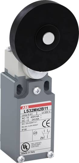 Schwarz-grauer ABB-Endschalter mit rundem Betätiger. Aufgedruckte technische Spezifikationen: Spannung, Stromstärke, Zertifizierungen.