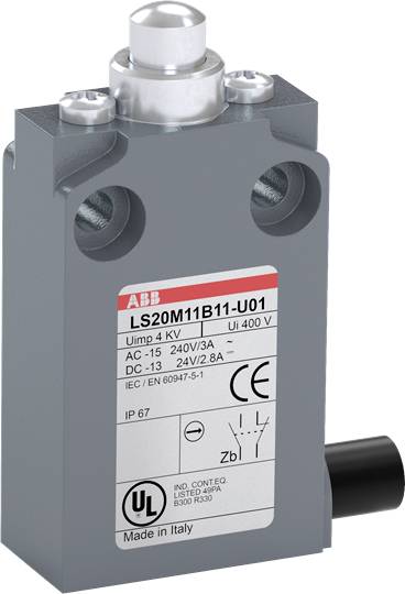 Ein grauer ABB-Limit-Schalter, Modellnummer 'LS20M11B11-U01', IP67, mit elektrischen Spezifikationen für AC und DC und UL-Zertifizierung.