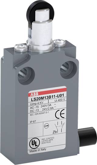 Ein Schalter von ABB mit der Bezeichnung 'LS20M13B11-U01'. Angaben zur Spannung: AC-15 240V/3A. Schutzart IP67. Made in Italy.