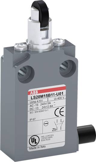 Ein rechteckiger, grauer Schalter mit Metallhebel. Auf dem Etikett stehen technische Details wie 'LS20M15B11-U01', Angaben zu Spannung und Strom.