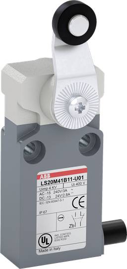 Ein grauer Endschalter mit Hebel und Rollen, Modell 'LS20M41B11-U01', von einer bekannten Marke. Hergestellt in Italien.