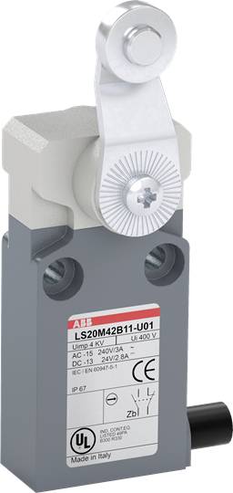 Elektrischer Sicherheitsschalter mit Hebel, graues Gehäuse, Hersteller- und Sicherheitskennzeichnungen sichtbar, Schutzklasse IP67.