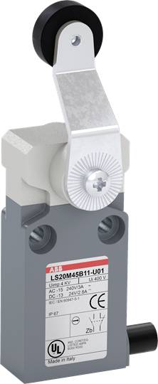 Industrieller Endschalter in Grau und Silber mit Hebel und Zahnrad, Produktnummer 'LS20M45B11-U01', Label mit technischen Details.