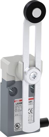 Positionierschalter mit Rollenhebel, graues Gehäuse. Eignet sich zur Präzisionsstellungserkennung in automatisierten Systemen.