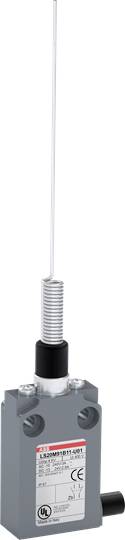 Grauer Positionsschalter mit Feder und Draht, verwendet für Maschinensteuerung und Sicherheit. Zeigt Prüfzeichen und Kennzeichnungen auf dem Gehäuse.