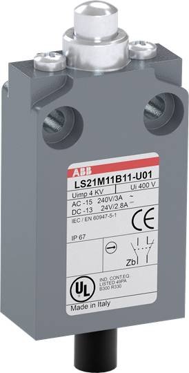 Ein grauer ABB-Grenztaster mit Etikett, das elektrische Spezifikationen zeigt. Rechteckige Form, Industrieprodukt, IP67-Schutzart.