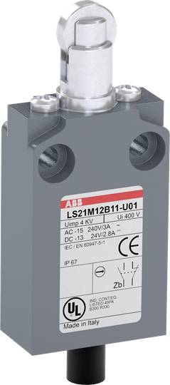 Sicherheitsschalter in grauem Gehäuse mit silbernem Betätigungsstift, aufgedrucktem Label mit technischen Details und Prüfzeichen.