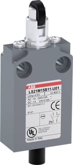 Bild eines grau-schwarzen Sicherheitsschalters mit Hebel und Etikett, das technische Spezifikationen wie Spannung und Stromstärke zeigt.