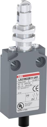 Ein Schalter der Marke ABB mit der Modellnummer LS21M22B11-U01, geeignet für 400 V. Gehäuse in Grau mit technischer Etikettierung.