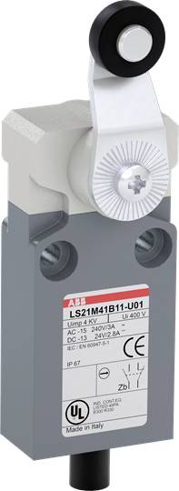 Endschalter der Marke ABB mit Hebelarm-Betätigung. Markenlogo und technische Spezifikationen auf der Vorderseite erkennbar.