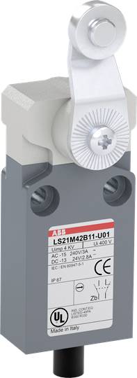 Ein Schalter von ABB Modell LS21M42B11-U01. Enthält Spezifikationen wie Spannung, Schutzart IP67, CE-Kennzeichnung und UL-Zertifizierung.
