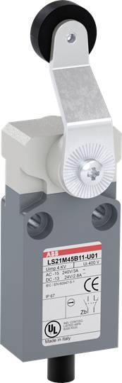 Abbildung eines industriellen Endschalters von ABB mit Hebelarm, technischer Spezifikation und Zertifizierungssymbolen auf der Vorderseite.