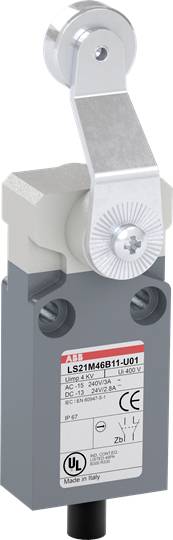 Industrieschalter mit Hebel und Zahnrad; Etikett zeigt Zertifizierungen und Spezifikationen. Verwendet zur Steuerung von Maschinenbewegungen.