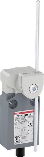 ABB Limit-Schalter mit Hebelarm und Endkontakt, Modellnummer LS51M7B11J09. CE- und UL-Zertifizierungen sind sichtbar.