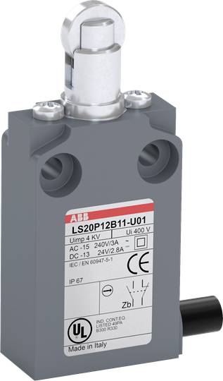 Industrieschalter von ABB mit Beschriftung. Modell LS20P12B11-U01, Schutzart IP67, Spannung bis 400V. Hergestellt in Italien.