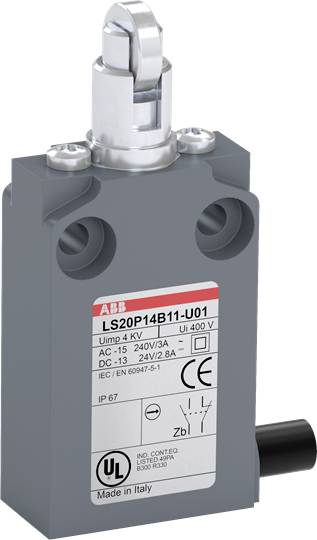 Grauer ABB-Endschalter mit Identifikationsetikett, zeigt elektrische Spezifikationen und Sicherheitsmarkierungen.