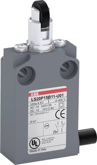 Industrieller Endschalter, grau, mit Hebel und Rollenbetätigung. Beschriftet mit elektrischen Spezifikationen und CE-Kennzeichnung.