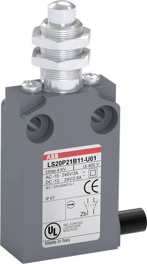 Grau-gelber Endschalter von ABB, Modell LS20P21B11-U01, mit technischen Spezifikationen auf einem Etikett vorne sichtbar.