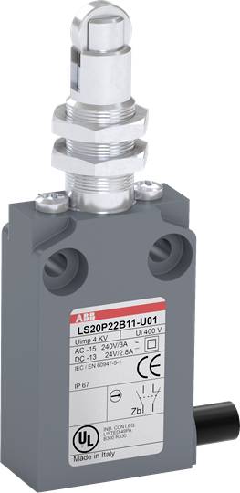 Ein grauer Endschalter von ABB mit zylindrischem Metallkopf, Schalterkennzeichnung 'LS20P22B11-U01', IP67, für industrielle Anwendungen.