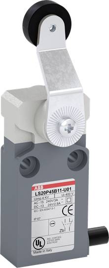 Sicherheitsschalter von ABB mit Hebelarm und Rolle. Beschriftung zeigt Typ LS20P45B11-U01 und elektrische Spezifikationen.