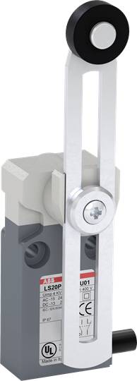 Ein Hebelendschalter mit langem Hebelarm und Rollenkopf. Markenkennzeichnung und technische Spezifikationen sind aufgedruckt.