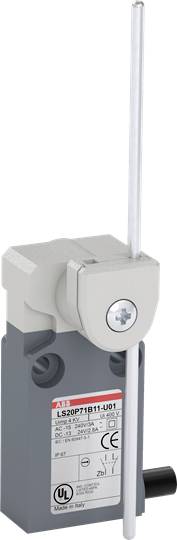 Industrie-Schalter mit langem Hebelarm, montiert auf rechteckigem, grauem Gehäuse. Etikett mit technischen Details und Herstellerangabe.