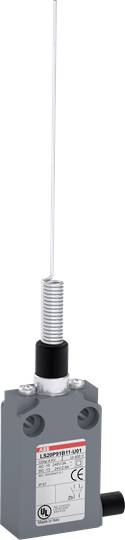 'Limit switch mit Federstange' auf grauem Gehäuse; Produktetikett zeigt Markenlogo und technische Spezifikationen.
