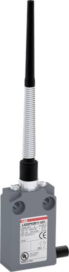 Ein grauer Endschalter mit langer schwarzer Antenne, silberner Federung und CE-Kennzeichnung, geeignet für industrielle Automatisierung.