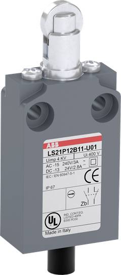 Metallischer Sicherheitsschalter mit grauem Gehäuse und Etikett mit technischen Spezifikationen.