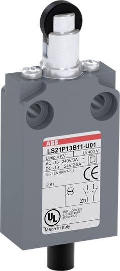 Ein rechteckiger Endschalter der Marke ABB mit Modellnummer LS21P13B11-U01. Er ist für 400V und verschiedene Stromstärken ausgelegt.