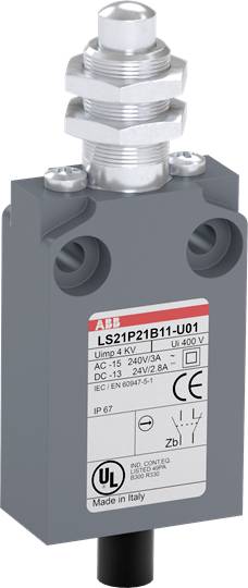 Ein grauer Endschalter von ABB mit Metallgehäuse und mehreren Steckanschlüssen, geeignet für industrielle Anwendungen; Modellangaben sind sichtbar.