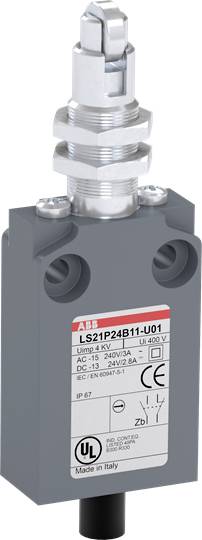 Ein grauer ABB Endschalter mit silbernem Betätiger und weißem Etikett, das technische Spezifikationen und Prüfmarken zeigt.