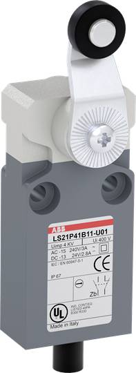 Ein Endschalter mit Hebelarm von ABB, Modell LS21P41B11-U01, zeigt Spezifikationen wie 240V AC, 6A, IP67 und CE-Zertifizierungen.