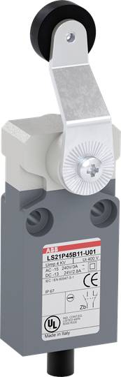 Ein grauer ABB-Positionsschalter mit Hebel und Rollenmechanismus, Modellnummer LS21P45B11-U01, geeignet für industrielle Anwendungen.