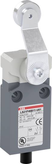 Industrieller Endschalter mit Hebelarm und Betätigungsrolle, Modellnummer und Zertifizierungen sind sichtbar auf dem Gehäuse.