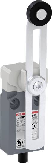 Metallischer Schalter mit Hebel und Rädchen von ABB, gekennzeichnet mit Sicherheitsstandardsymbolen und Seriennummer.