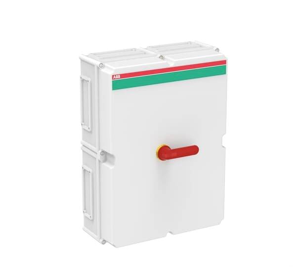 Ein weißer elektrischer Hauptschalter mit einem roten Hebel an der Vorderseite, markiert mit einem roten und grünen Streifen am oberen Rand.