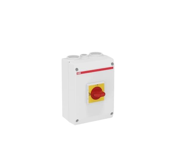 Elektrischer Hauptschalter mit rotem Drehknopf auf grauem Gehäuse, geeignet für industrielle Anwendungen.