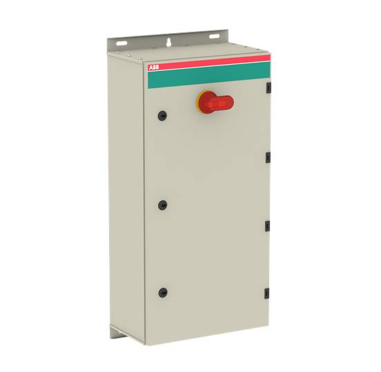 Metallschrank mit grün-rotem Panel oben, ausgestattet mit rotem Drehschalter, sechs Befestigungspunkten an den Seiten.