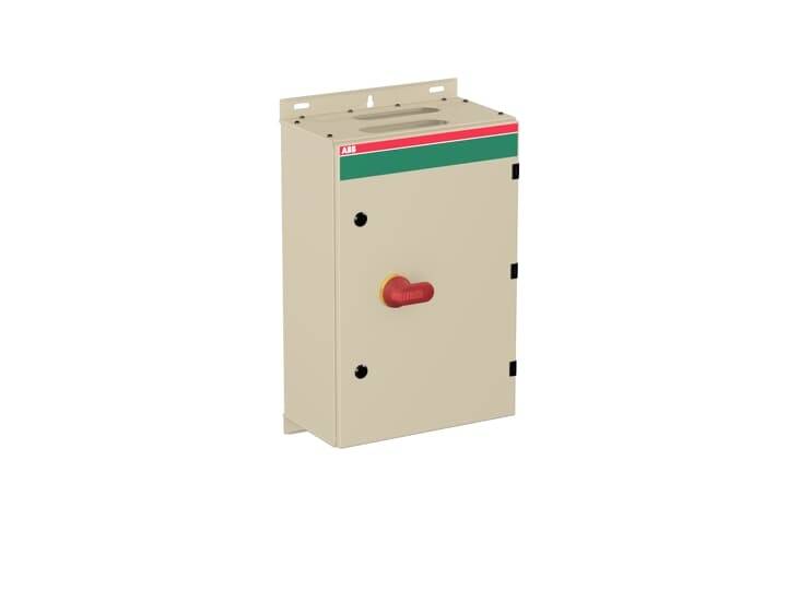 Ein beige Schaltschrank mit rotem Griff an der Vorderseite, oben ein grüner und roter Streifen, wahrscheinlich zur Steuerung von Geräten.