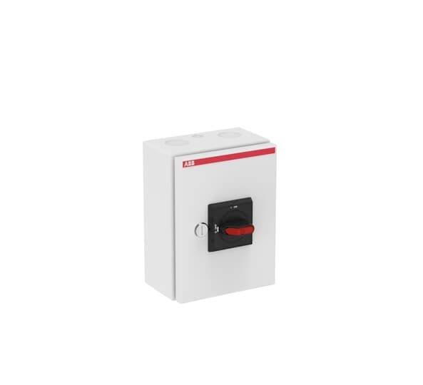 Ein weißes elektrisches Schaltkasten mit rotem Bedienknopf in der Mitte, umgeben von einem schwarzen Rahmen.