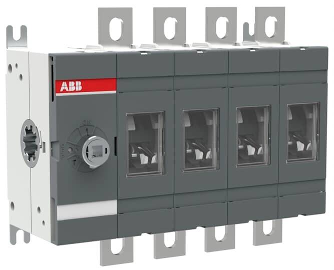 Eine graue ABB-Sicherungseinheit mit vier sichtbaren Sicherungen und Metallkontakten, die für elektrische Systeme verwendet wird.